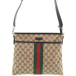 Gucci GG Monogram Brown Web Flat Messenger Bag red green web